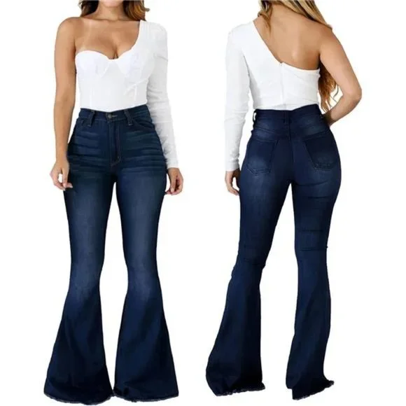 CuteCherry Bell Bottom Jeans for Women Ripped Skinny Bell Bottom Raw Hem Denim - Picture 4 of 5